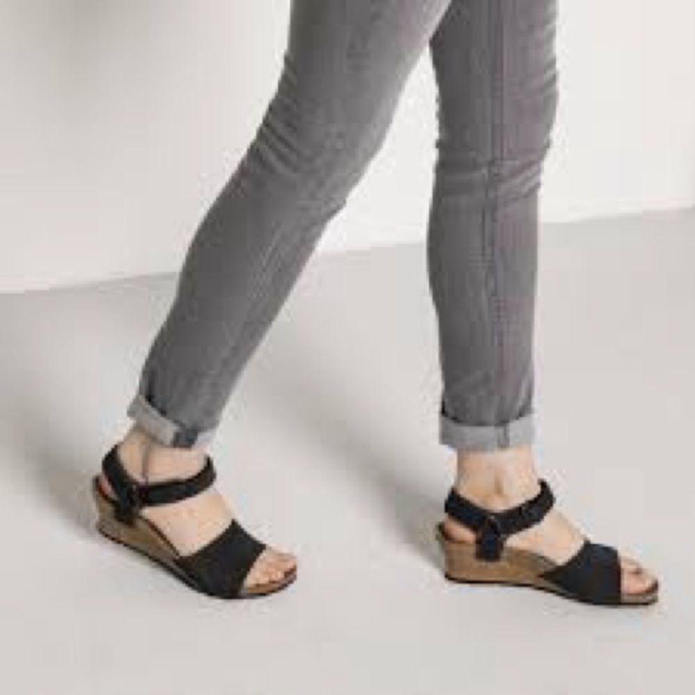 Papillio Eve Sandals Black and Tan Wedge Adjustable Ankle Strap Velcro size 36/6